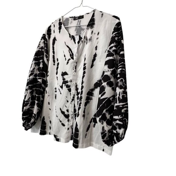 CBR Tie Dye Crew Neck Puff Long Sleeve Button Front Shirt Black White Large - Picture 3 of 5